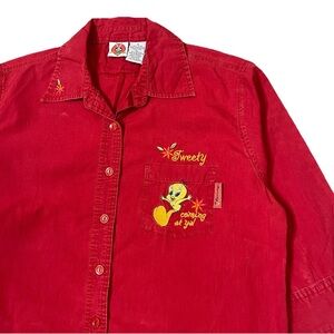 Tweety Bird Vintage Y2K Looney Tunes Embroidered Womens Red Button Up Shirt M